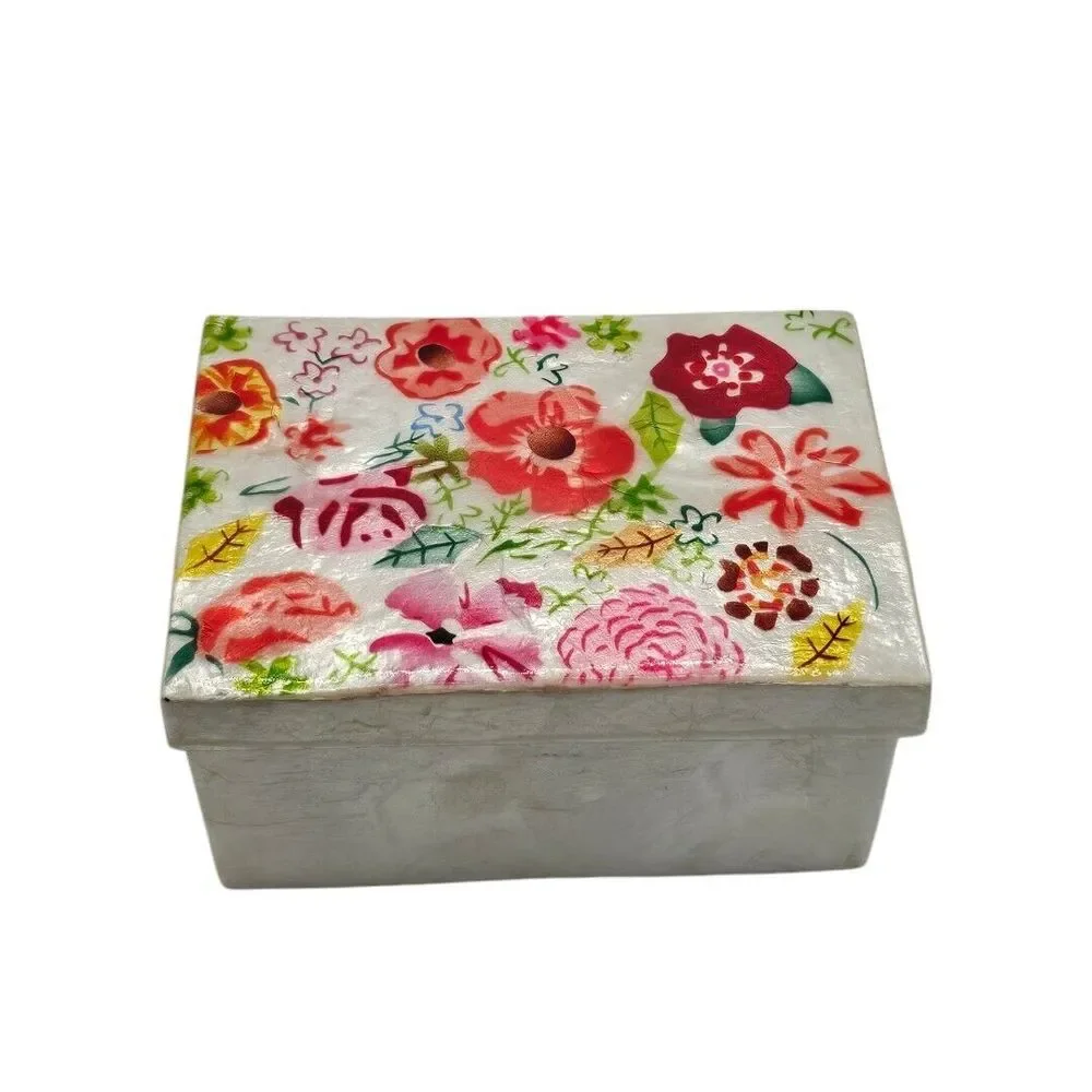 Capiz Oyster Mother of Pearl Shell Box Red Pink Floral Design Lid‎ Trinket Box